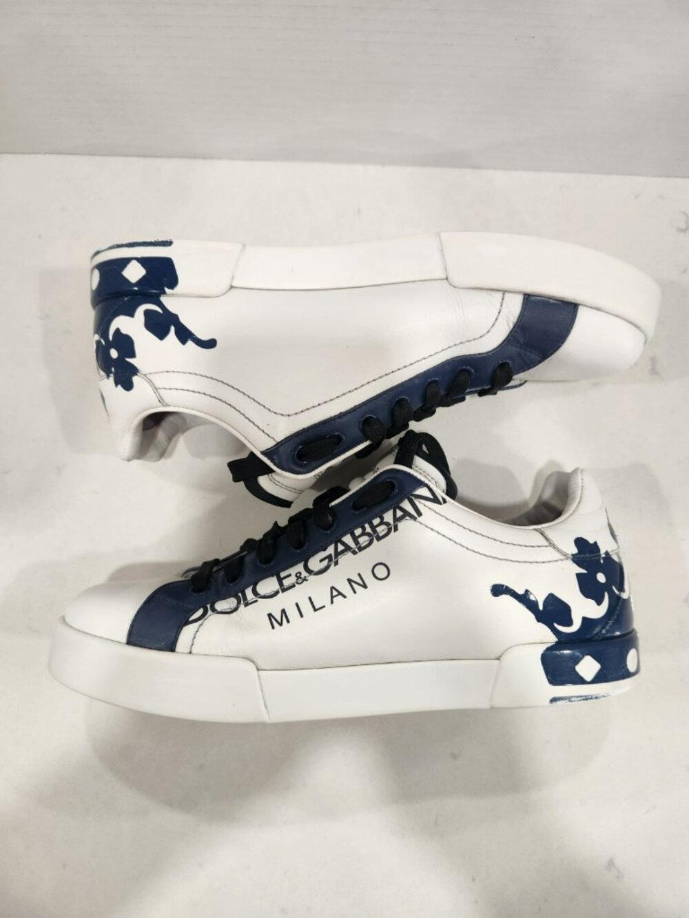 Vintage Dolce & Gabbana Sneakers Mens 7.5 White Blue Leather Crown Milano - Picture 5 of 12